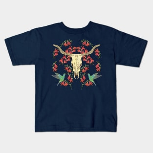 Western Cow Skull with Hummingbirds and Flowers Kids T-Shirt
